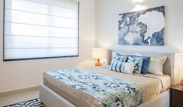 Gallery guest bedroom interior with vitrified tile flooring