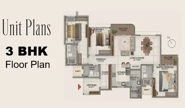 Homepage floor plan layout of the 3 BHK apartment with 2 toilets
