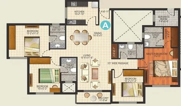 Homepage floor plan layout of the 4 BHK apartment with 3 toilets